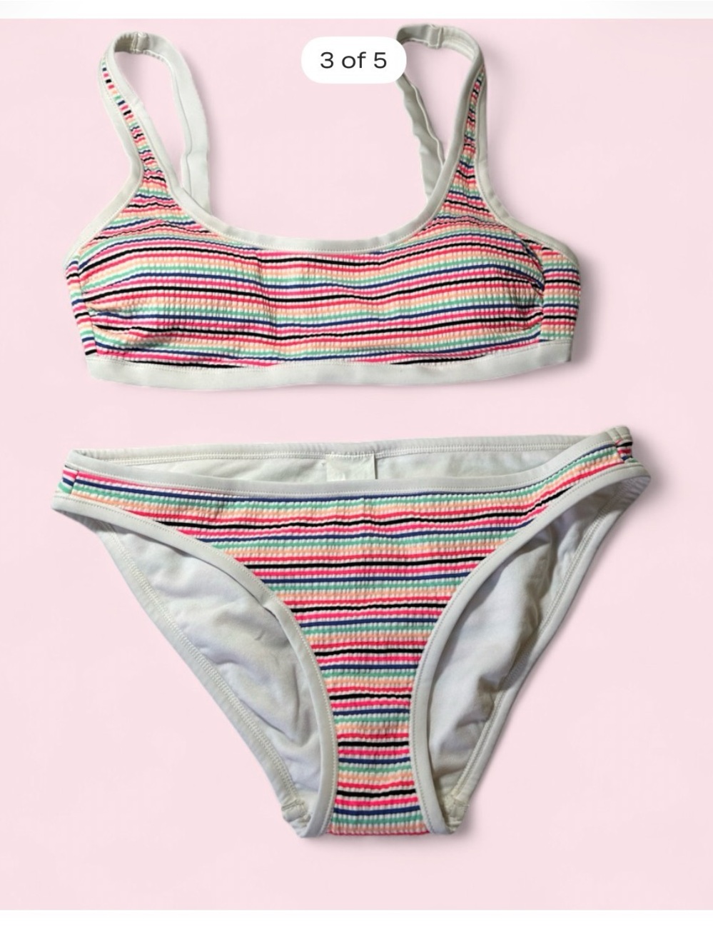 Multicolor Striped two piece  swim wear Pink, Teal, Black, White